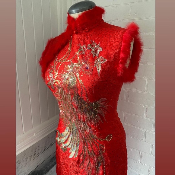 Embroidered mandarin collar dress with rabbit fur trim. - Picture 2 of 8